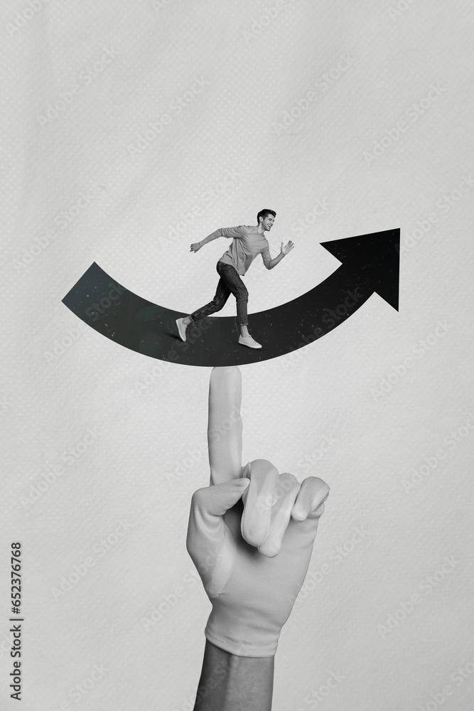 Aufkleber Vertical creative composite collage photo of finger directing at active positive man run on pointer goals isolated gray color background