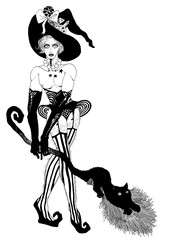 箒を持った魔女と黒猫とカエル