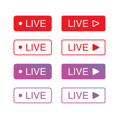 Red live buttons on a white background. Live symbol, badge, sign, label, sticker template. Social media concept. Vector illustration