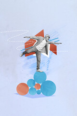 Fototapeta Collage picture of cheerful happy purposeful guy balancing on geometric figures elements obraz