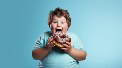 Studio portrait of cheerful fat boy eating a big donut. Concept of child obesity and unhealthy lifestyle, copy space for text - obrazy, fototapety, plakaty
