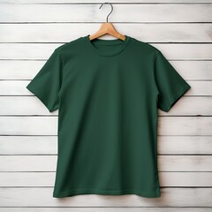 Bottle green color t shirt mock up.T shirt is half sleeve.Hanging from a wooden hanger,white wooden wall background