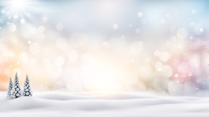 Christmas winter light blurred bokeh background with snowy fir trees and garland lights. New Year, wintertime holidays art design, holiday banner.Generative AI 