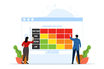 Risk management matrix concept with impact and probability, business team analyzes risk level by considering probability against severity of consequences categories. flat vector. - obrazy, fototapety, plakaty