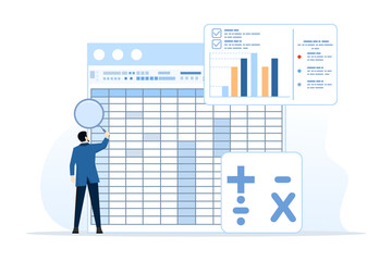 Spreadsheet concept, business analysis and analytics, database reports, financial accounting data with table numbers, budget calculations, profit and loss, generating report graphs from data.
