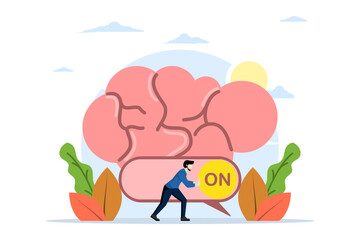 concept of turning on the brain to think, creativity, intelligent thinking or emotional intelligence, mindset, wisdom and knowledge, intelligent genius businessman turning on his own brain.