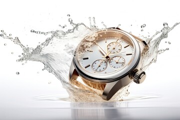Luxury watch waterproof in splash water isolated on white - obrazy, fototapety, plakaty