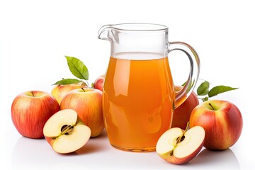 Pitcher filled with delicious, freshly pressed apple cider, set against a clean white background, evoking the warmth and comfort of autumn. Generative AI