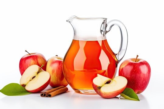 Pitcher filled with delicious, freshly pressed apple cider, set against a clean white background, evoking the warmth and comfort of autumn. Generative AI