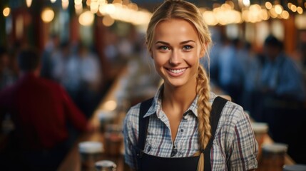 smiling german waitress at oktoberfest dressed in a blue apron. Blurred view of the interior of a street cafe