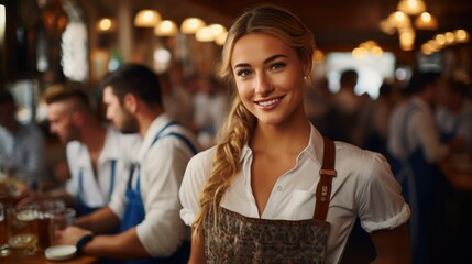 smiling german waitress at oktoberfest dressed in a blue apron. Blurred view of the interior of a street cafe
