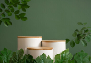 Minimal wood white podium with blurred monstera green leaf plant.Beauty cosmetic natural product modern display,tropical forest nature background concept. © 52Ps.Studio