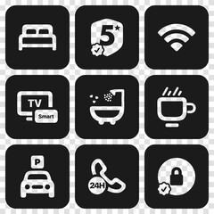 set of hotel facilities icons for website and apps in black and transparent background. travel booking hotel facilities logo app icons.