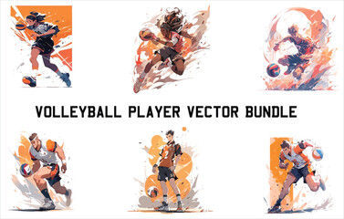 volleyball player vector bundle, female volleyball player ,Volleyball players in different action poses, Action moves in volleyball set, Volley contemporary colorful vector illustration. 