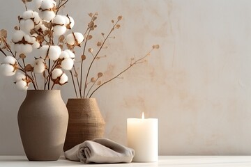 Stylish table with cotton flowers and aroma candles near light wall - obrazy, fototapety, plakaty