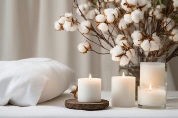 Obraz na płótnie Canvas Stylish table with cotton flowers and aroma candles near light wall