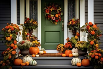 halloween fall autumn wreath on green front door and autumn flower pot on steps