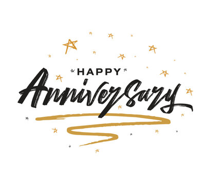 Happy Anniversary lettering text banner. Beautiful greeting banner poster calligraphy inscription black text word gold ribbon. Hand drawn design. Handwritten modern brush lettering white background