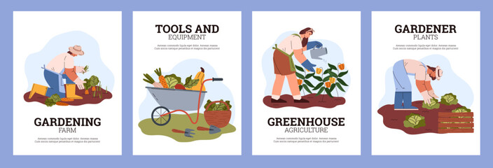 Gardening and agriculture works posters set flat vector illustration.