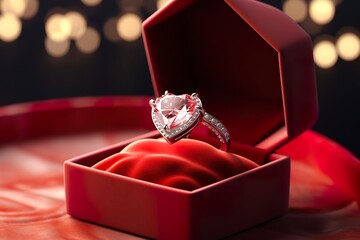 An engagement ring nestled inside a red velvet heart-shaped box - obrazy, fototapety, plakaty
