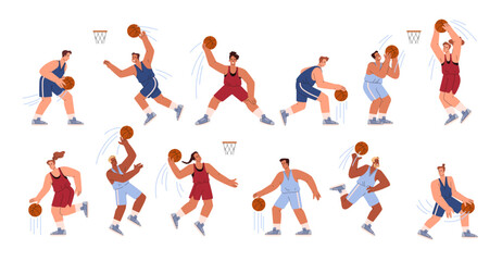 Fototapeta na wymiar Basketball players, athletes with ball in different poses, handling, jumping, defense and offense, vector set sport game