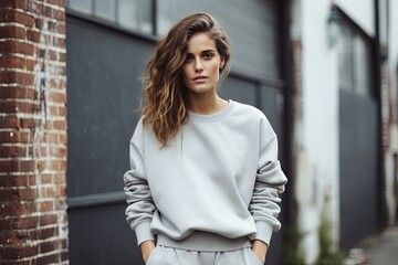 young woman wearing greay sweatpants and sweatshirt  - fashion shoot (Generative AI)