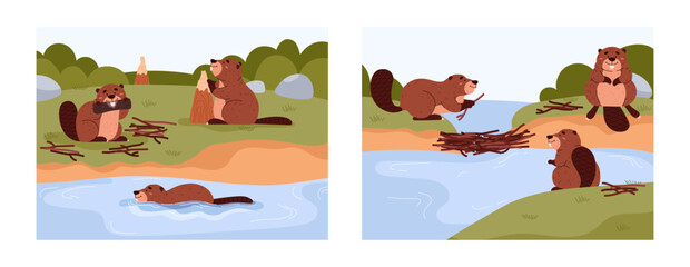 Set of scenes with cute beavers flat stye, vector illustration © Kudryavtsev