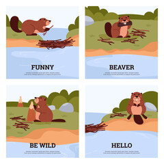 Funny beavers building dam, posters set for kids, cartoon flat vector illustration. © Kudryavtsev