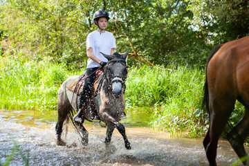 Horse ride, teenage girl, rider, crosses the river, stream on a horse, spray from horse hooves,...