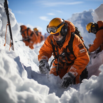 Helpers use evacuation aids to search for people buried in an avalanche, ai regerated