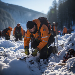 Helpers use evacuation aids to search for people buried in an avalanche, ai regerated - obrazy, fototapety, plakaty