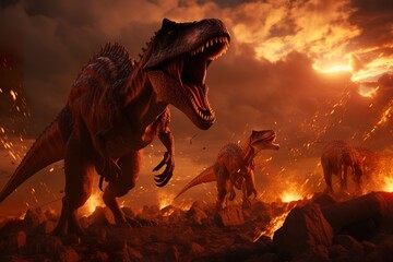 Fototapeta premium Dinosaurs in their prime, their lives hanging in the balance as a fiery meteor approaches their ancient domain