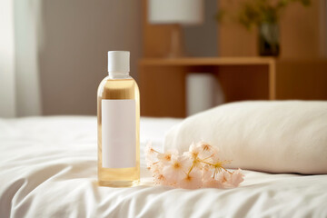 Fototapeta na wymiar Linen and room spray air freshener in an eco-friendly bottle, designed for a clean and fresh living space. On a modern, minimalist bedroom background. Concept of fragrance of wellness and cleanliness