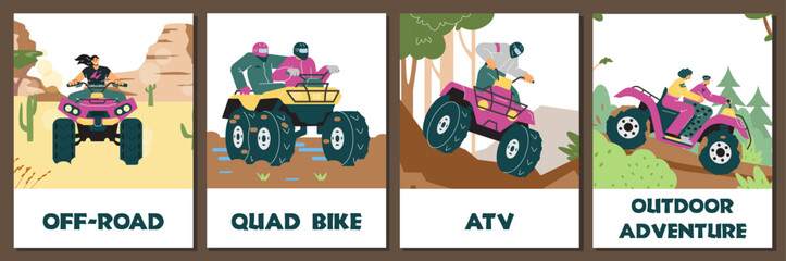 Vector posters set with purple quad bike with people off-road driving in the forest, extreme sport, outdoor adventure © Kudryavtsev