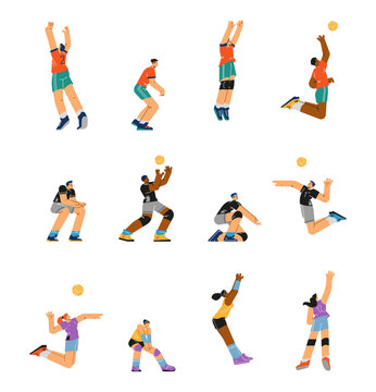 Set of people volleyball players in different poses flat style, vector illustration