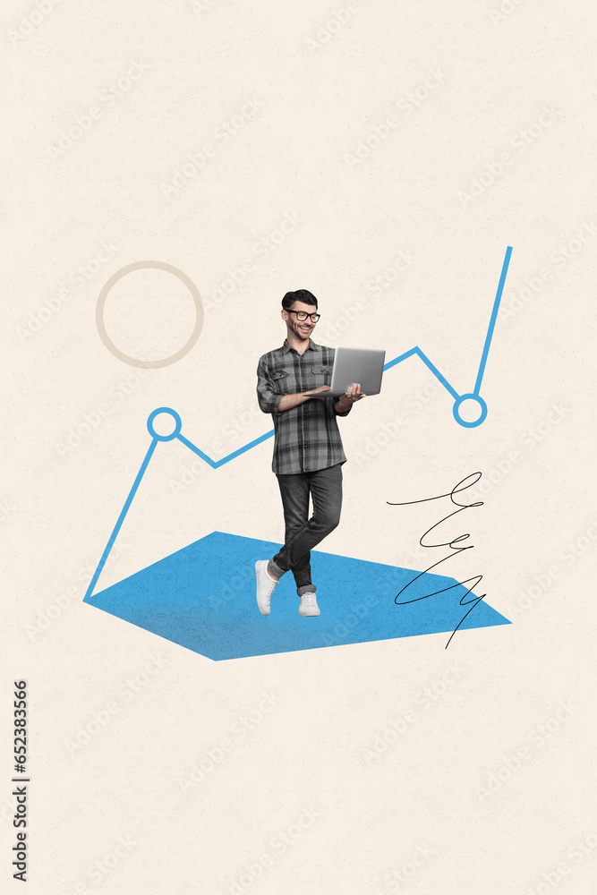 Poster Collage picture poster of smiling worker programmer analyzing statistics successful results isolated on drawing background