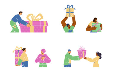Set of happy people with big gift boxes flat style, vector illustration