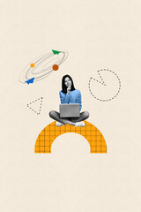 Vertical creative composite photo collage of clever intelligent girl sit with laptop think solution...