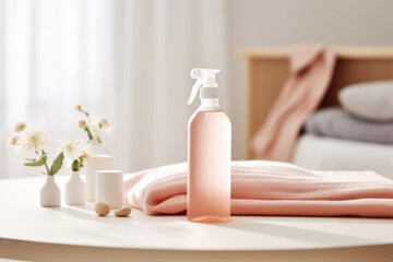 Linen and room spray air freshener in an eco-friendly bottle, designed for a clean and fresh living space. On a modern, minimalist bedroom background. Concept of fragrance of wellness and cleanliness - obrazy, fototapety, plakaty