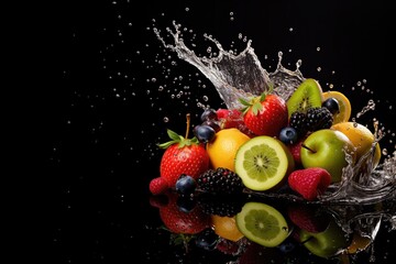 Fruits on black background with water splash. Free Space. Copy Space.