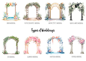 Watercolor wedding arches collection in 8 styles: beach, rustic, country, glamour, Gatsby, eco, nautical, vintage.
