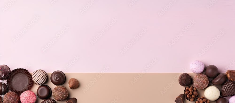 Aufkleber A display of chocolate truffles alongside decorative boxes isolated pastel background Copy space