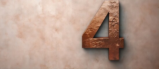 Metal number four 4 in bronze curly font isolated on a isolated pastel background Copy space