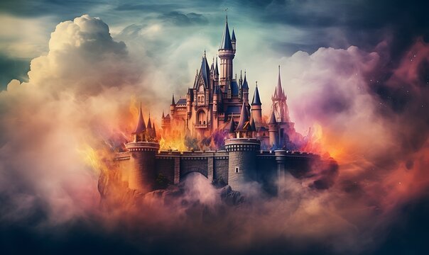 vintage castle with smoke colorful background