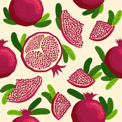 Pomegranate fruit seamless pattern. Bright leaves and fruits, seeds and lobules. Shana Tova seamless pattern