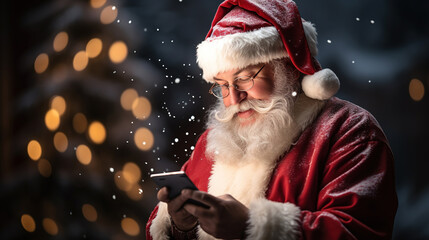 Santa Claus looking at his cell phone and sending messages, in a snowy Christmas setting. - obrazy, fototapety, plakaty