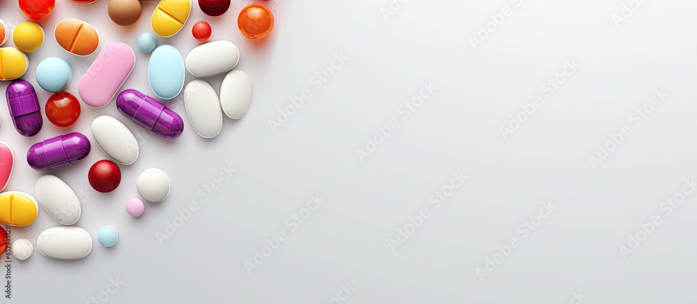 Poster copy space on isolated pastel background copy space with pills and tablets in bottle