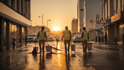 Cleaners clean the street at sunset
