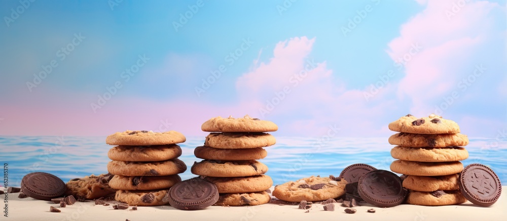Poster pile of coco chip cookies isolated pastel background copy space