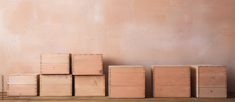 Poster cardboard containers stacked on timber pallets isolated pastel background copy space